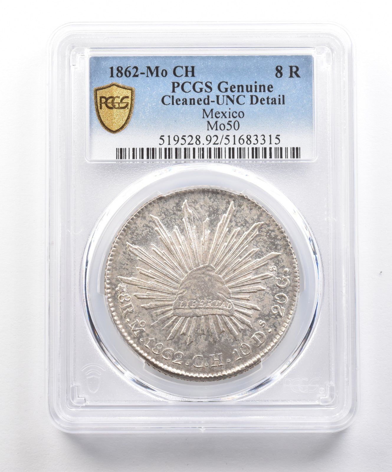 1862 Mo CH Mexico 8 Reales Mo50 Genuine UNC Detail Cleaned PCGS *6214