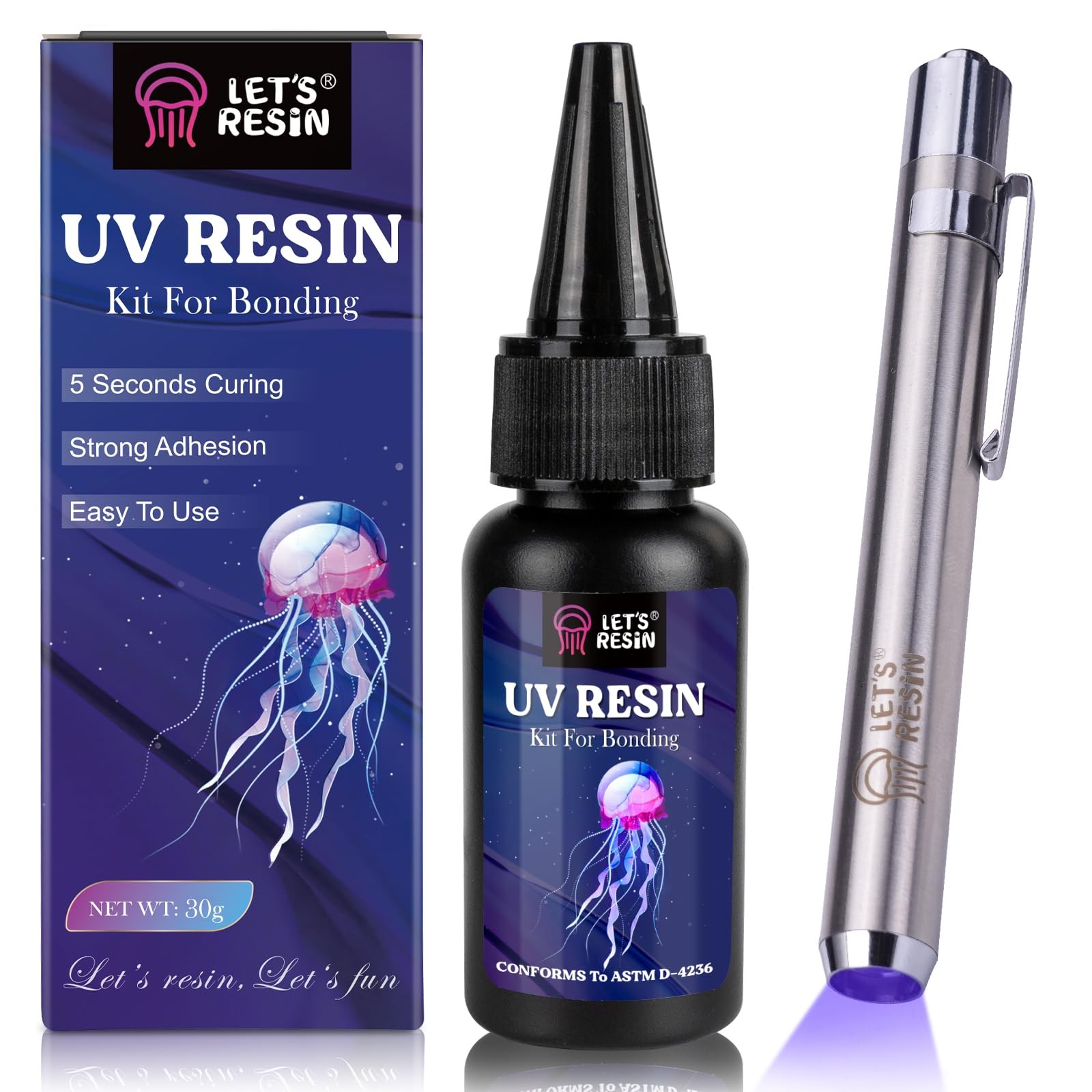 LET'S RESIN UV Resin Kit with Light, Bonding&Curing in Seconds, 30g Blue