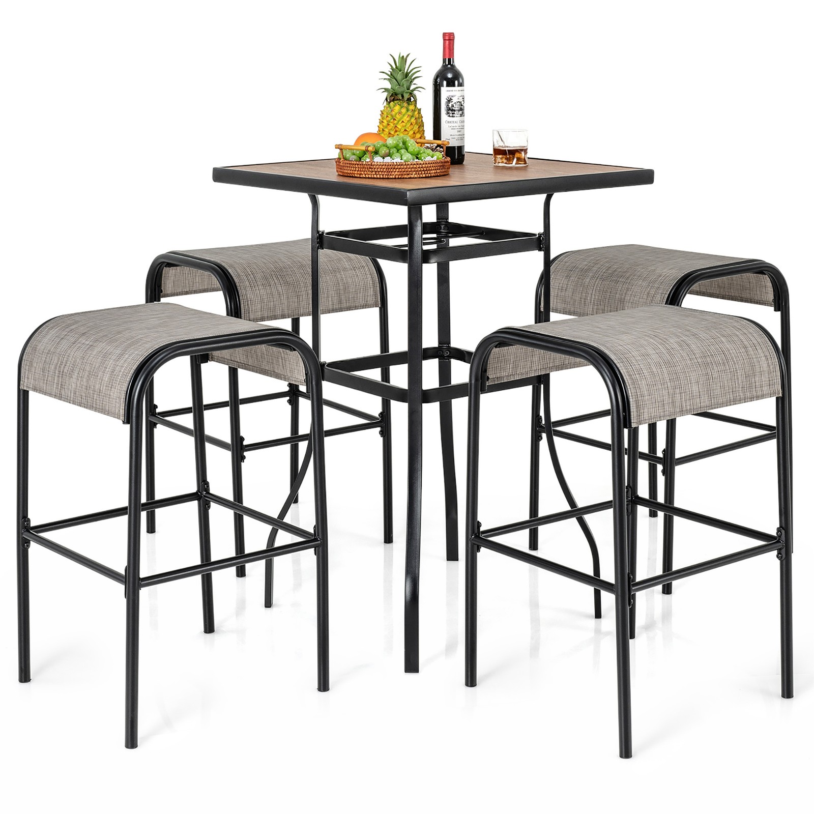 5-Piece Patio Dining Set w/ Umbrella Hole Metal Frame & Breathable Fabric Seat