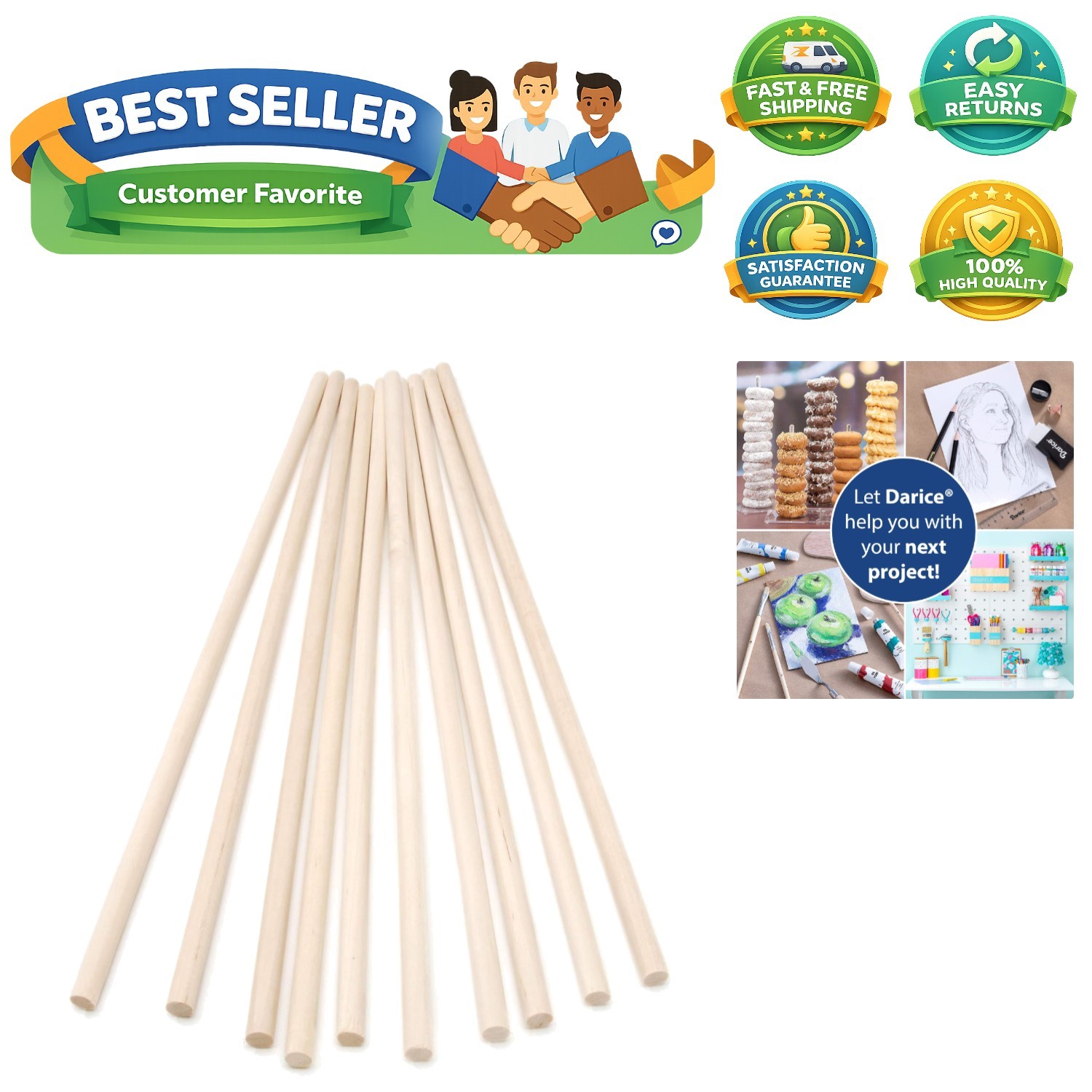 Dowel Rod - Wood - 1/4 x 12 inches - 10 pieces