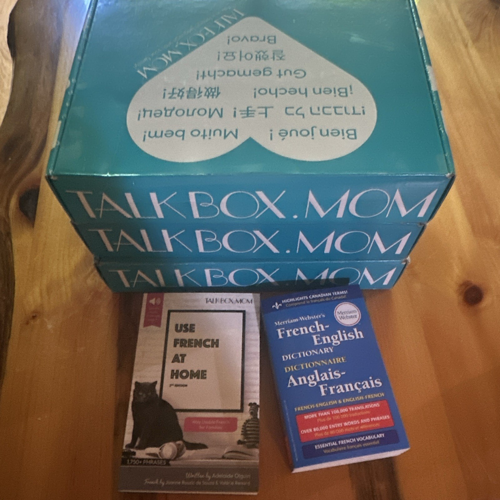 Talkbox.Mom bundle with French-English dictionary. 3 boxes and phrase book