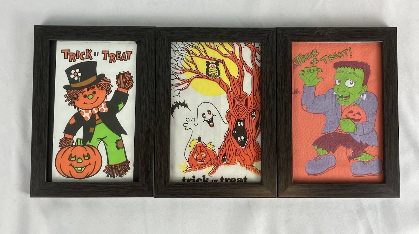 3 Framed Vintage Halloween Treat Bags Scarecrow Ghost Frankenstein Pumpkins