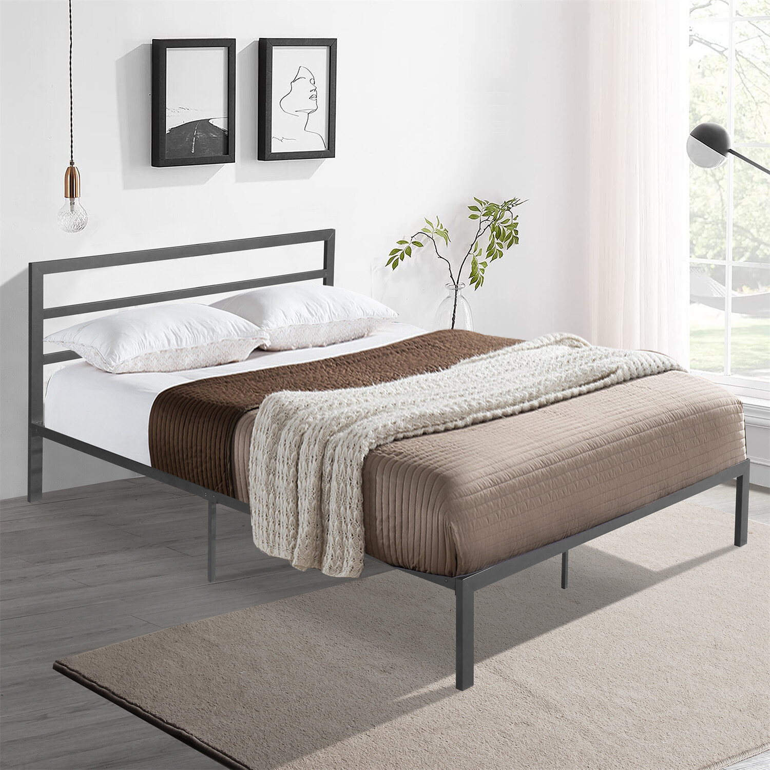 Modern Queen Size Bed Frame Metal Platform Bed Frame with Headboard Grey US