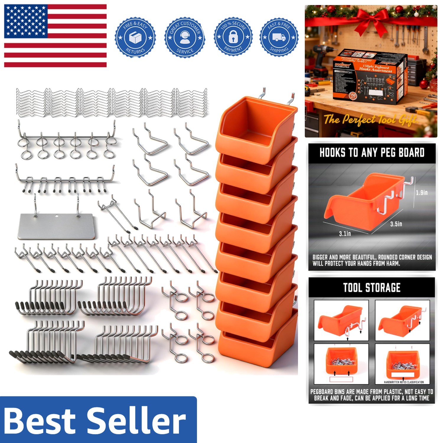 Organize Your Space with 150 Heavy-Duty Pegboard Hooks & Bins - Chrome Finish