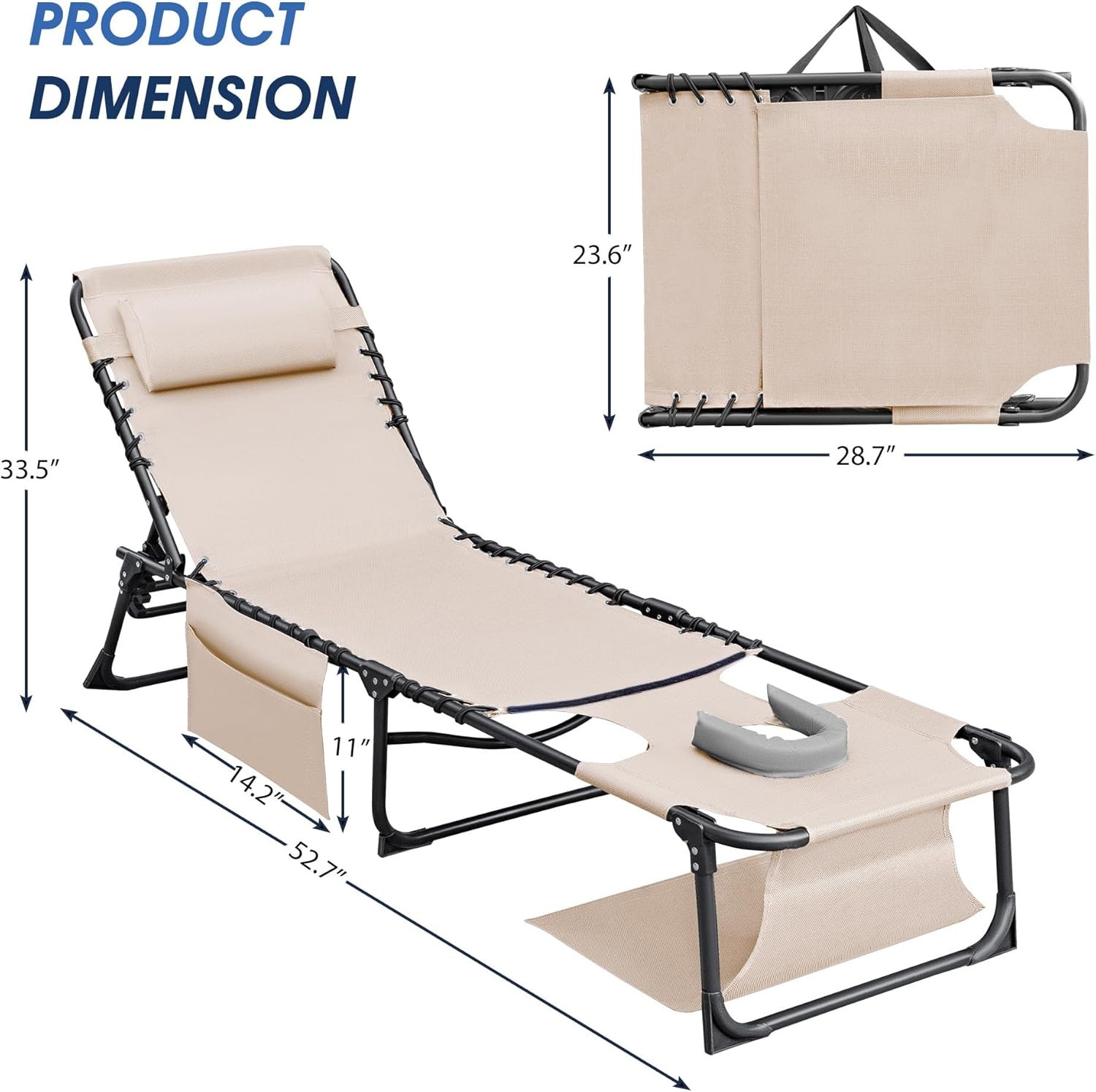 Face Down Chaise Lounge Chair 5-Position Adjustable Sunbathing (Beige, 1 Pcs)