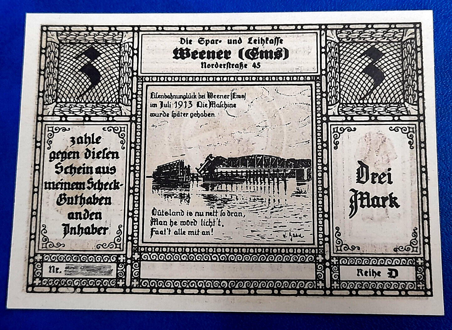 WEENER EMS NOTGELD 3 MARK 1922 EMERGENCY MONEY GERMANY BANKNOTE (30616)