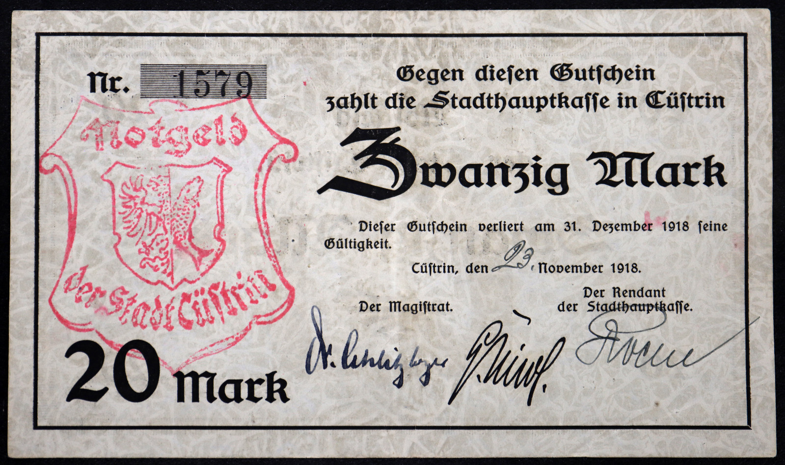 CÜSTRIN / KÜSTRIN / KOSTRZYN Nov 23 1918 RARE 20 Mark Grossnotgeld German Poland