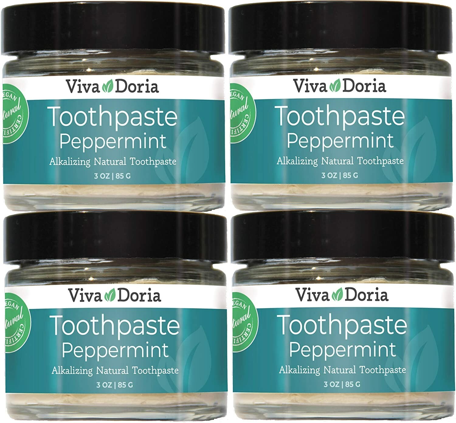 Viva Doria Natural Toothpaste, Peppermint, 3 oz Glass Jars (Pack of 4)