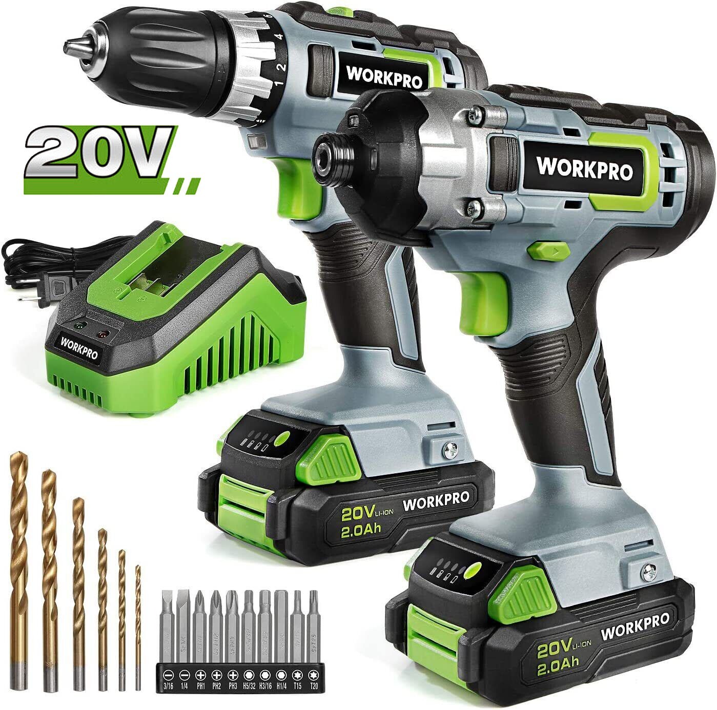 WORKPRO 20V Cordless Drill Combo Kit 2 Pack Drill Driver Impact Wrench W/battery