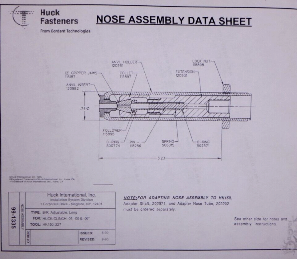 Huck Fasteners Riveter Long Clinch Nose Assembly 99-1335, F1074H, H749A-456