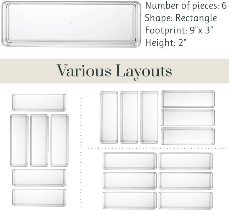 Stori Simplesort 6-Piece Stackable Clear Drawer Organizer Set | 9" X 3" X 2" Rec