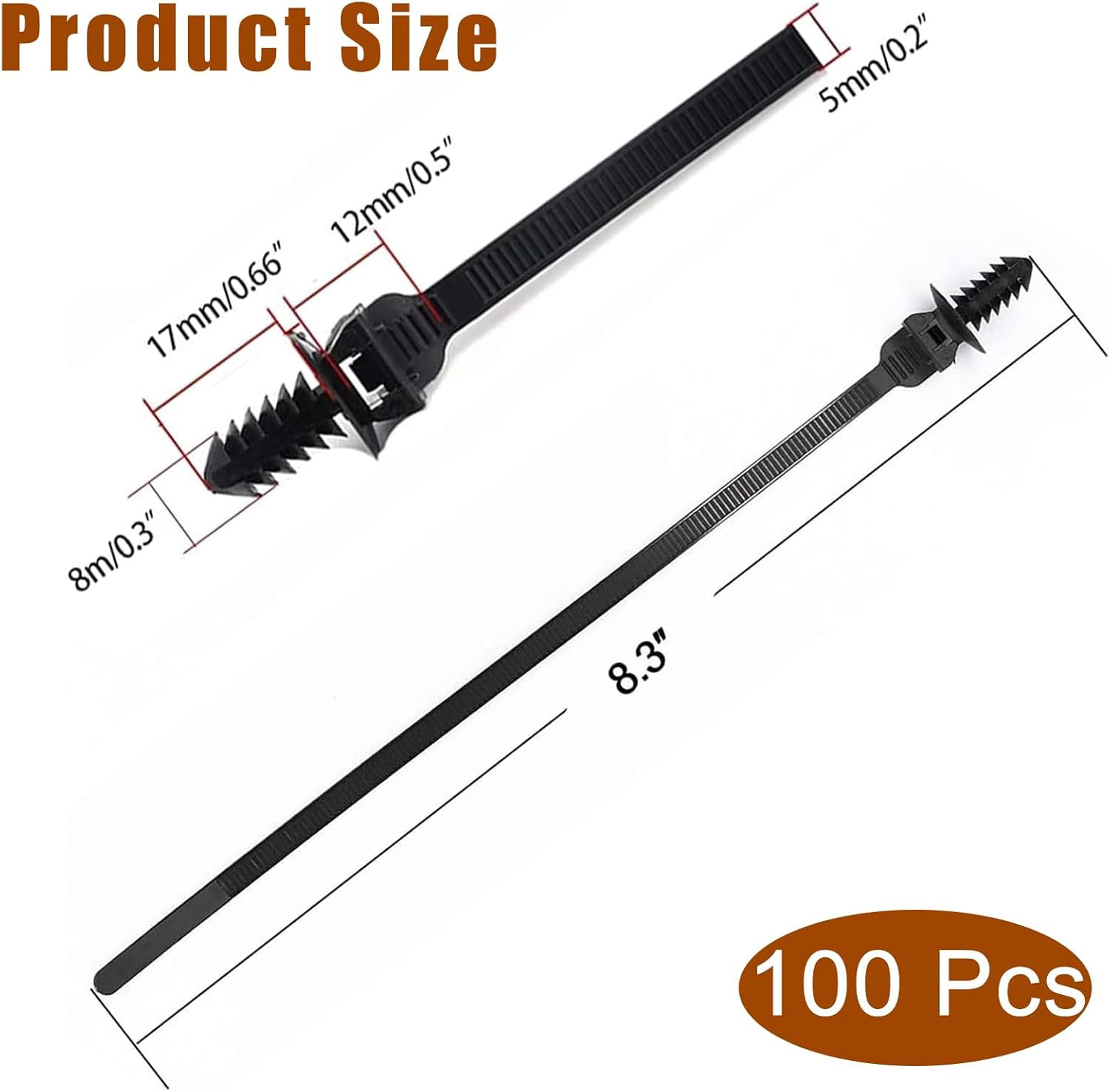 Push Mount Zip Ties, 8 Inch Cable Zip Tie Black Wire Tie with Push Pin Fir Tree