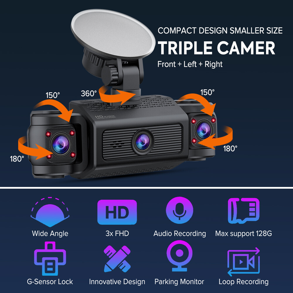 1080P Dash Cam Front and Inside Triple Dash Cam Video Recorder IR Night Vision