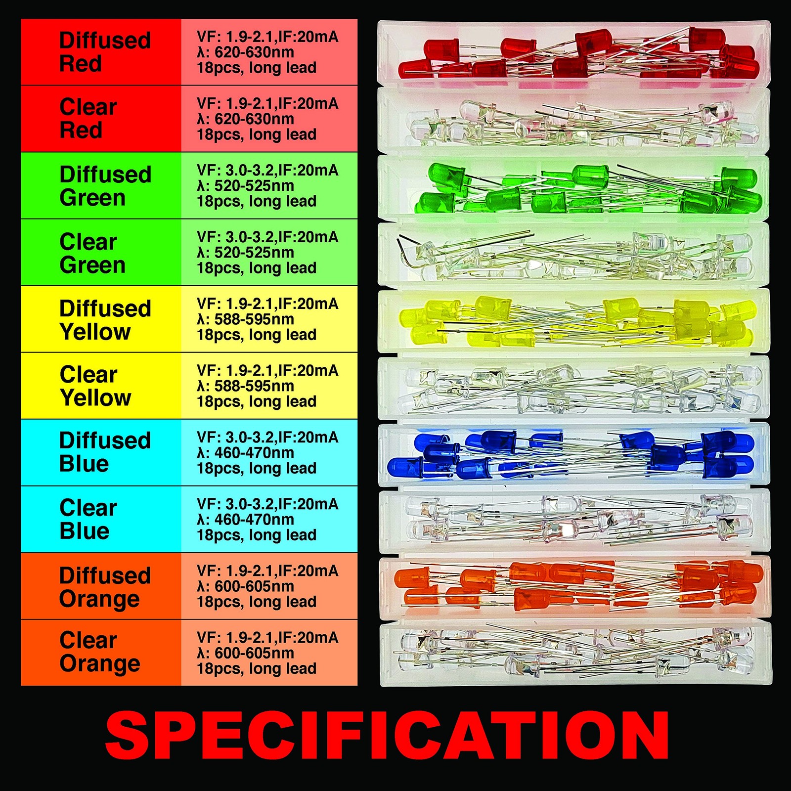 EEEEE (10 Types) 180 pcs Long Lead 5mm LED kit and diode Lights Emitting...