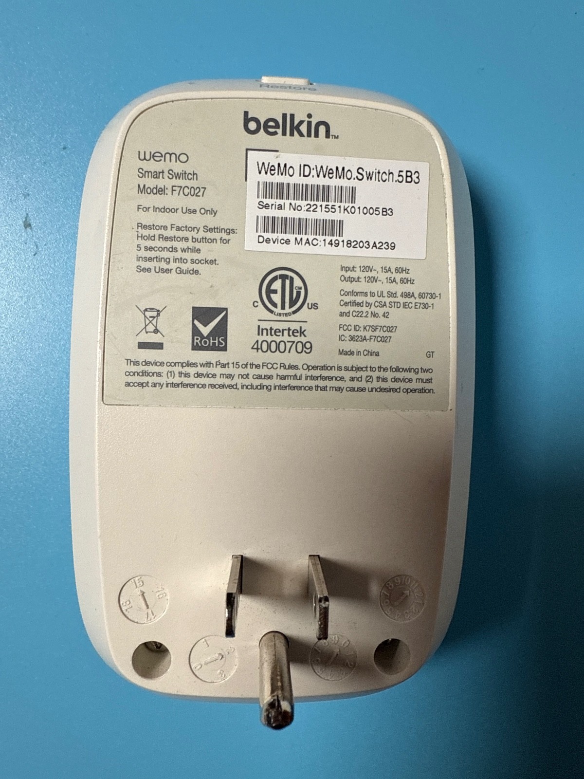 Belkin WeMo Smart Switch F7C027 WiFi Outlet Plug 15A 120V