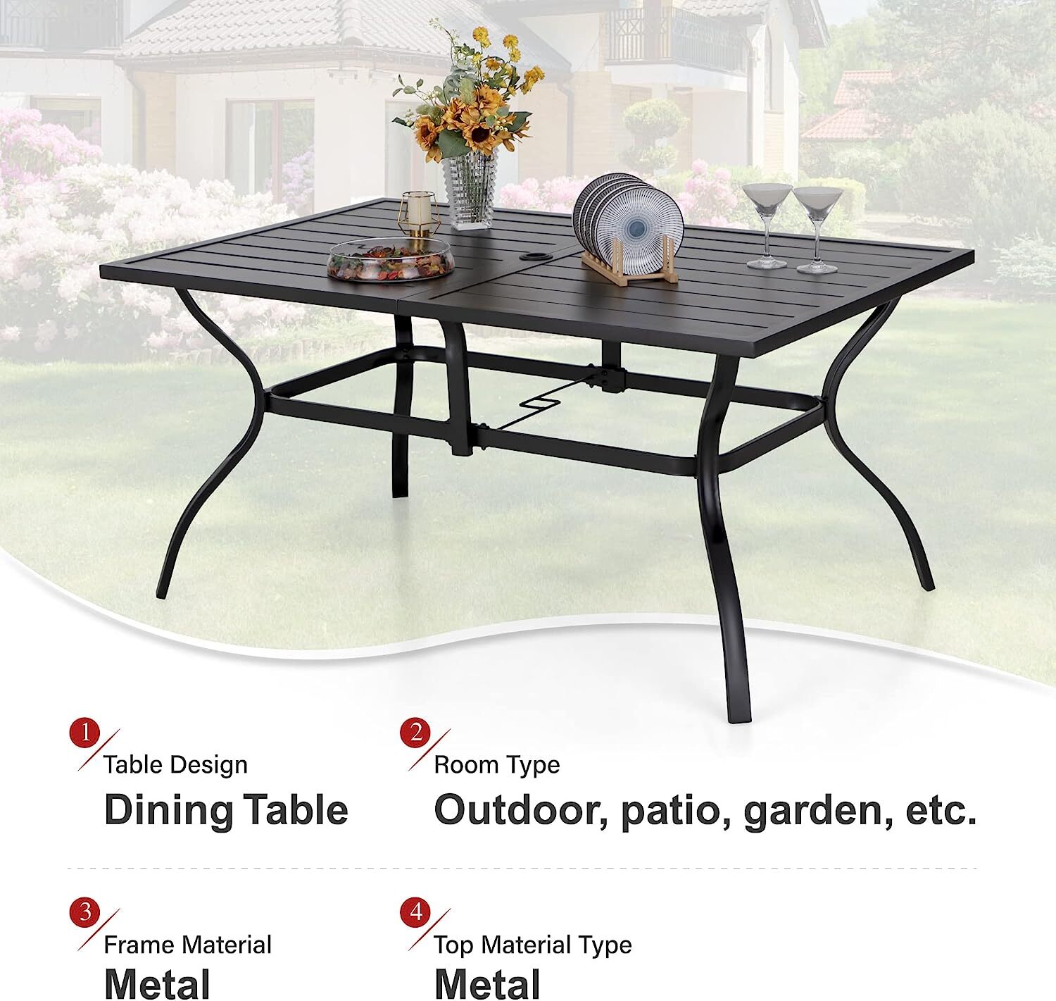 Outdoor Patio Tables Metal Rectangular Square Dining Table With Umbrella Hole