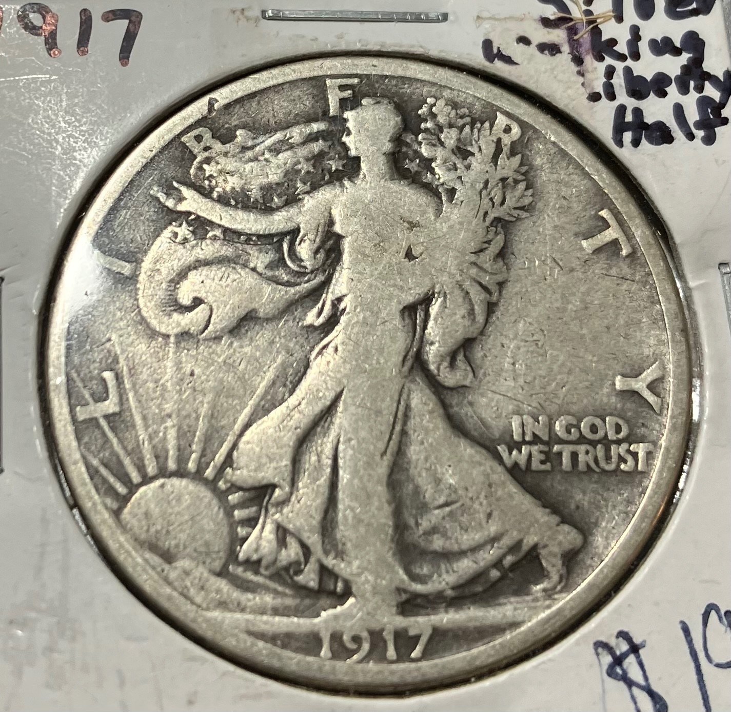 1917 50C WALKING LIBERTY HALF, VERY GOOD CONDITION, GRAY SURFACES, FEW MARKS