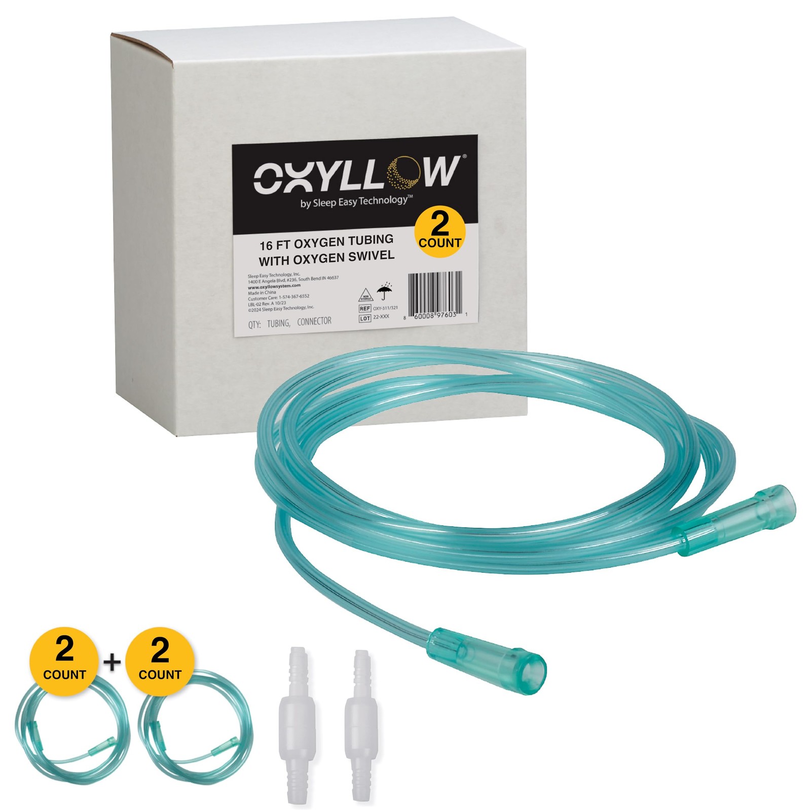 Premium 16 FT Oxygen Tubing and Oxygen Swivel | 2-Count | 6-Channel Kink-Resi...