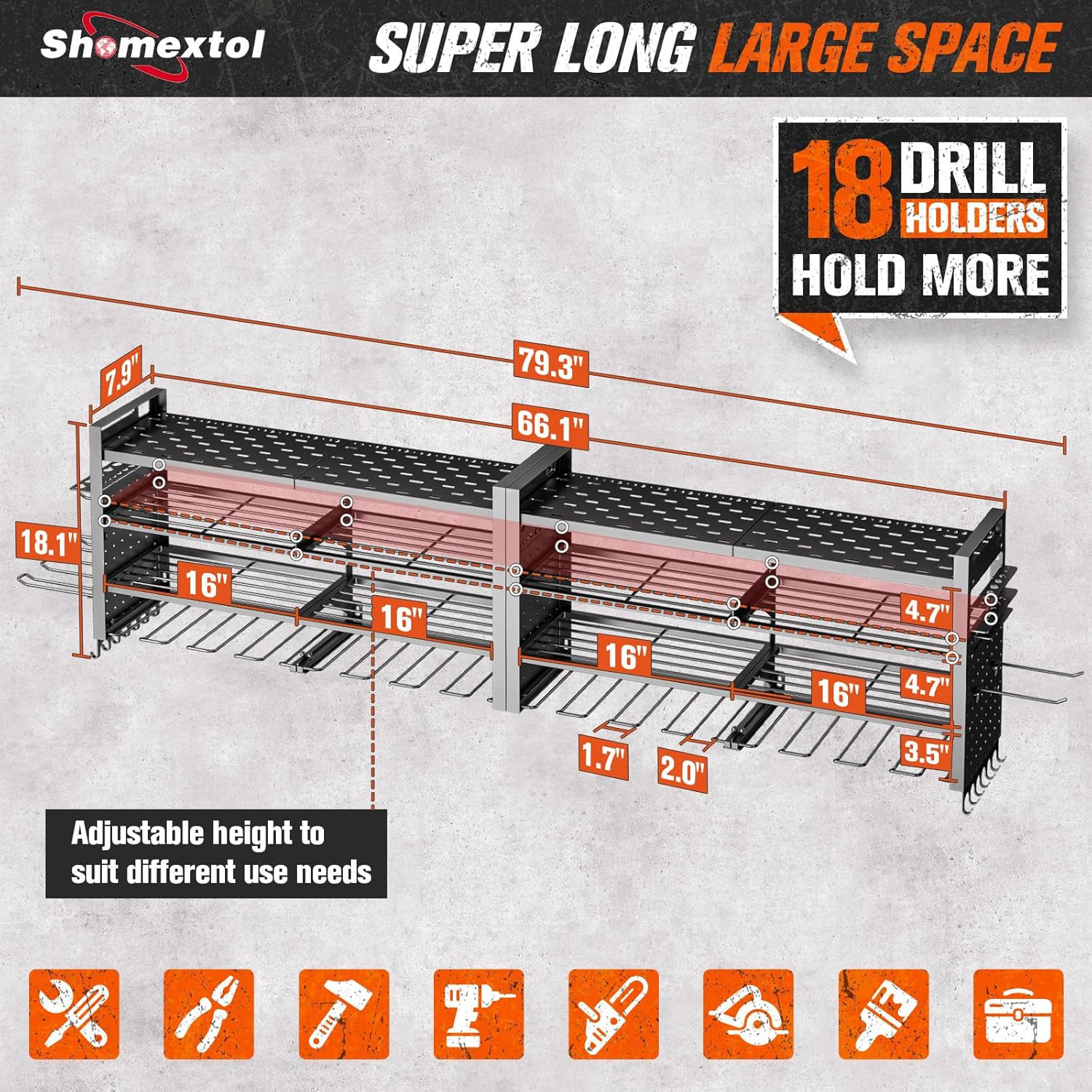 Super Large 66" Wall-Mount Tool Organizer with 18 Drill Holders, 600 Lbs Capacit