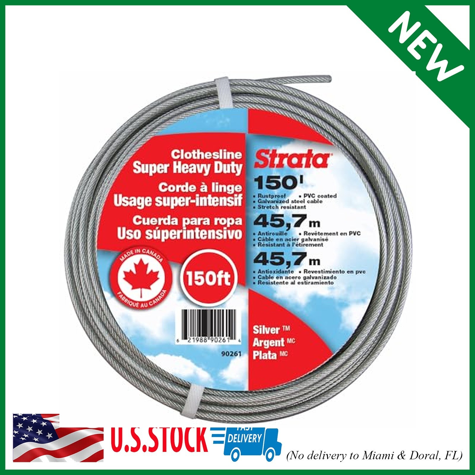 150 Feet Clothesline Outdoor Heavy Duty Galvanized Wire Steel Cable, Silver PVC