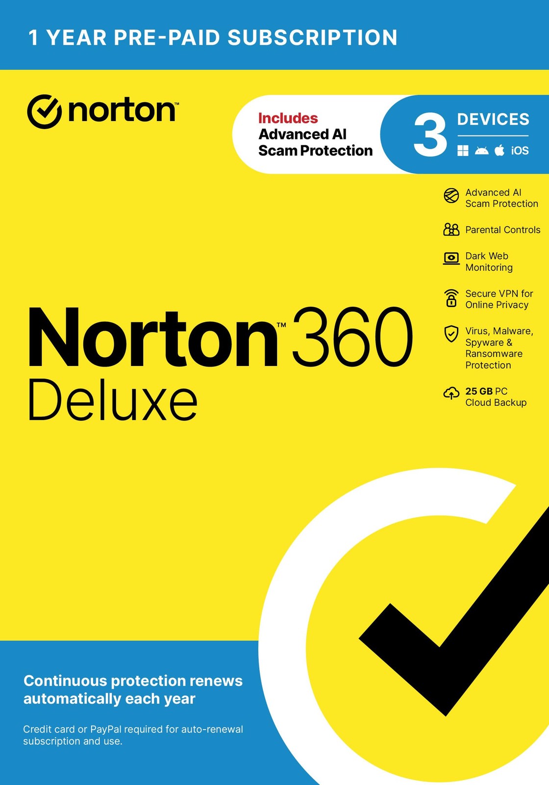 Norton 360 Deluxe, Antivirus software for 3 Devices with Auto-Renewal –...