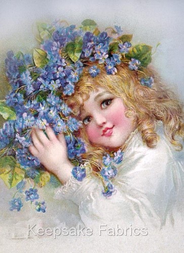Smiling Girl Blue Violets Fabric Quilt Block Multi Szs
