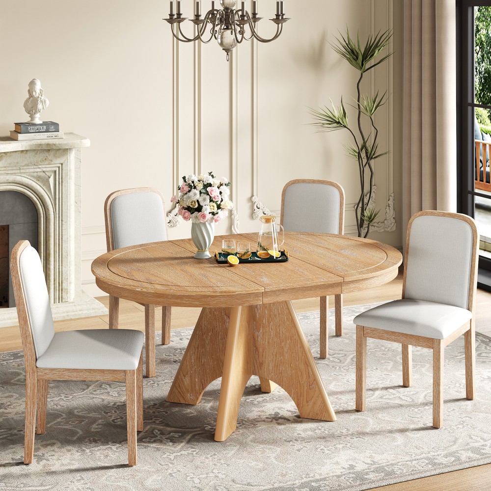 Vintage Extendable Dining Table Set for 4-6 with 4 Upholstered Chairs