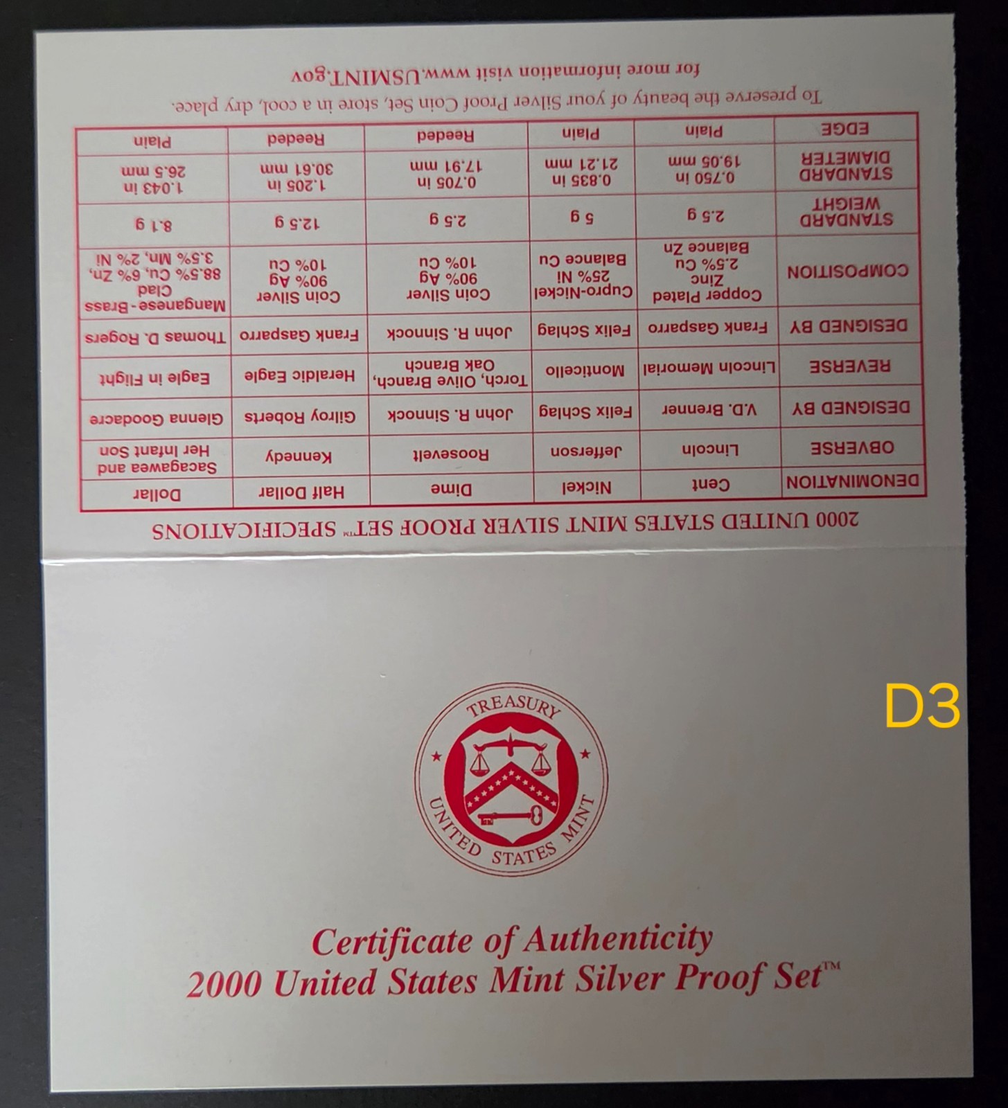 2000 (S) US Mint Silver Proof Set with 5 State Quarters COA *Free Shipping*