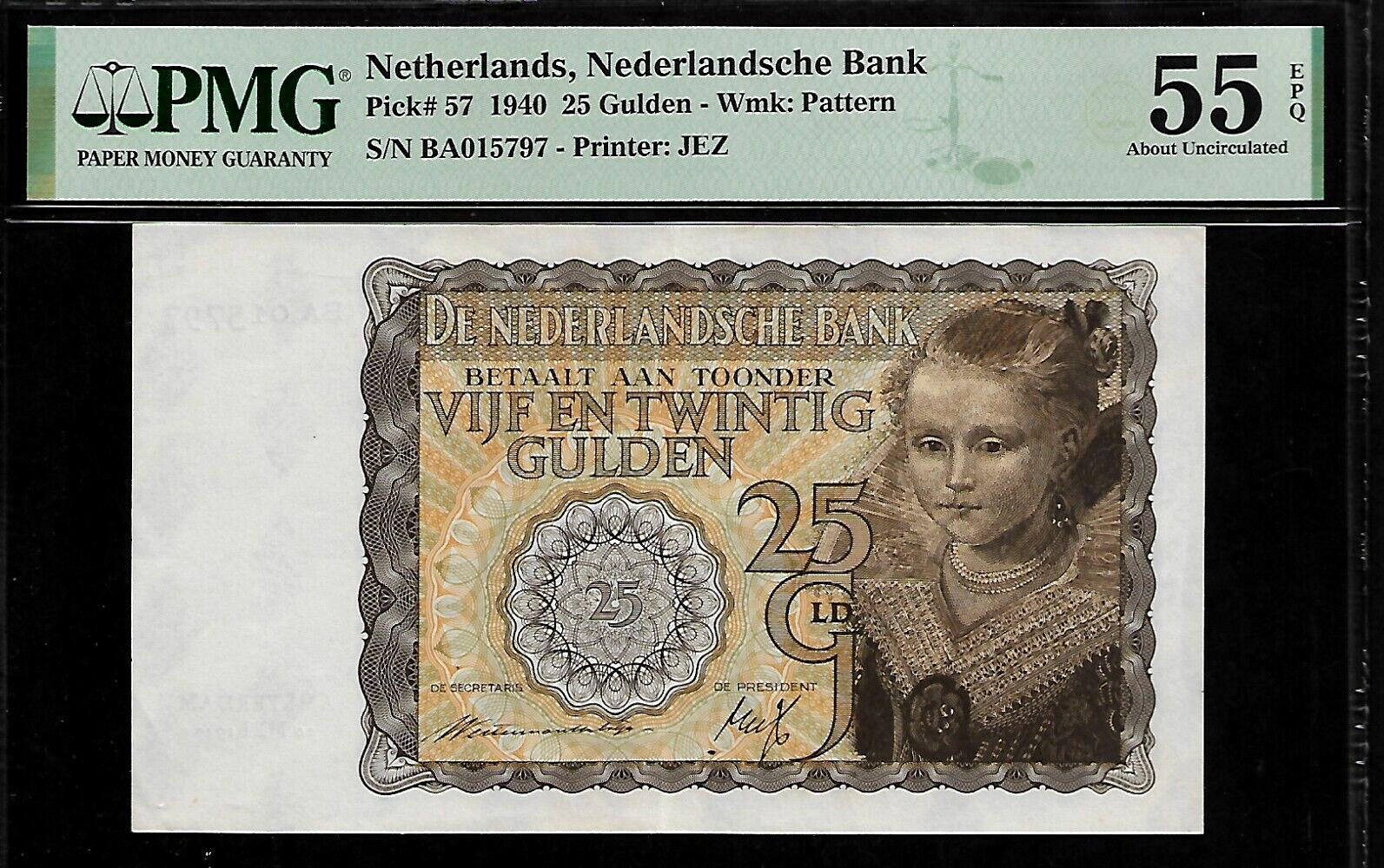 Netherlands 25 Gulden 1940 PMG 55 P#57 Nederlandsche Bank Printer JEZ