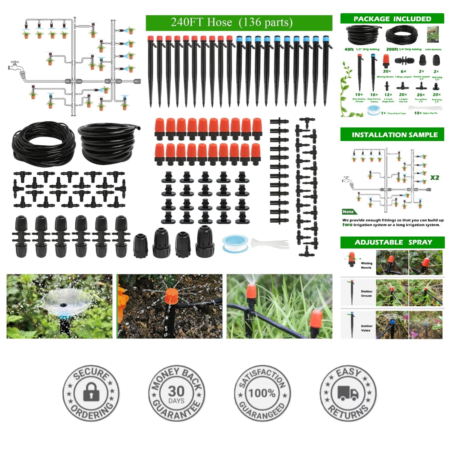 Water-Saving 240FT Automatic Drip Irrigation System for Gardens & Greenhouses