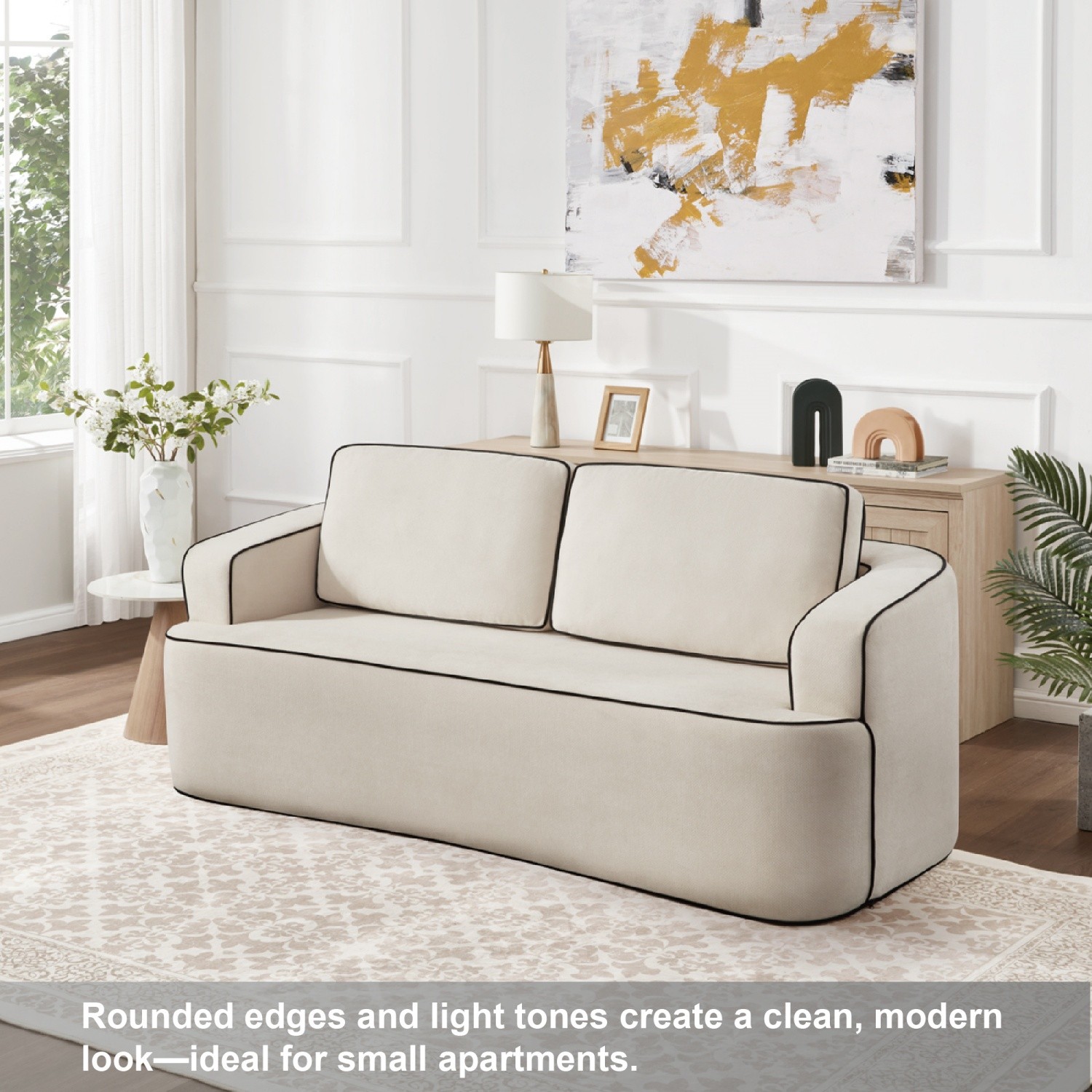 No Assembly Floor Sofa with Arms Modern Memory Foam Couch for Small Spaces Beige