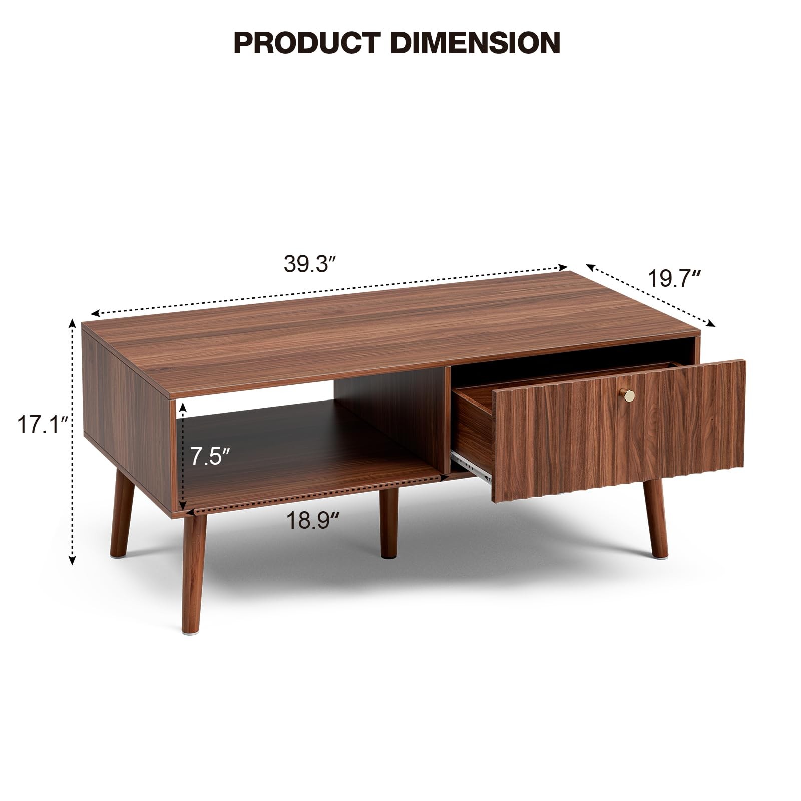 Coffee Table with Fluted Drawer, Mid-Century, Walnut