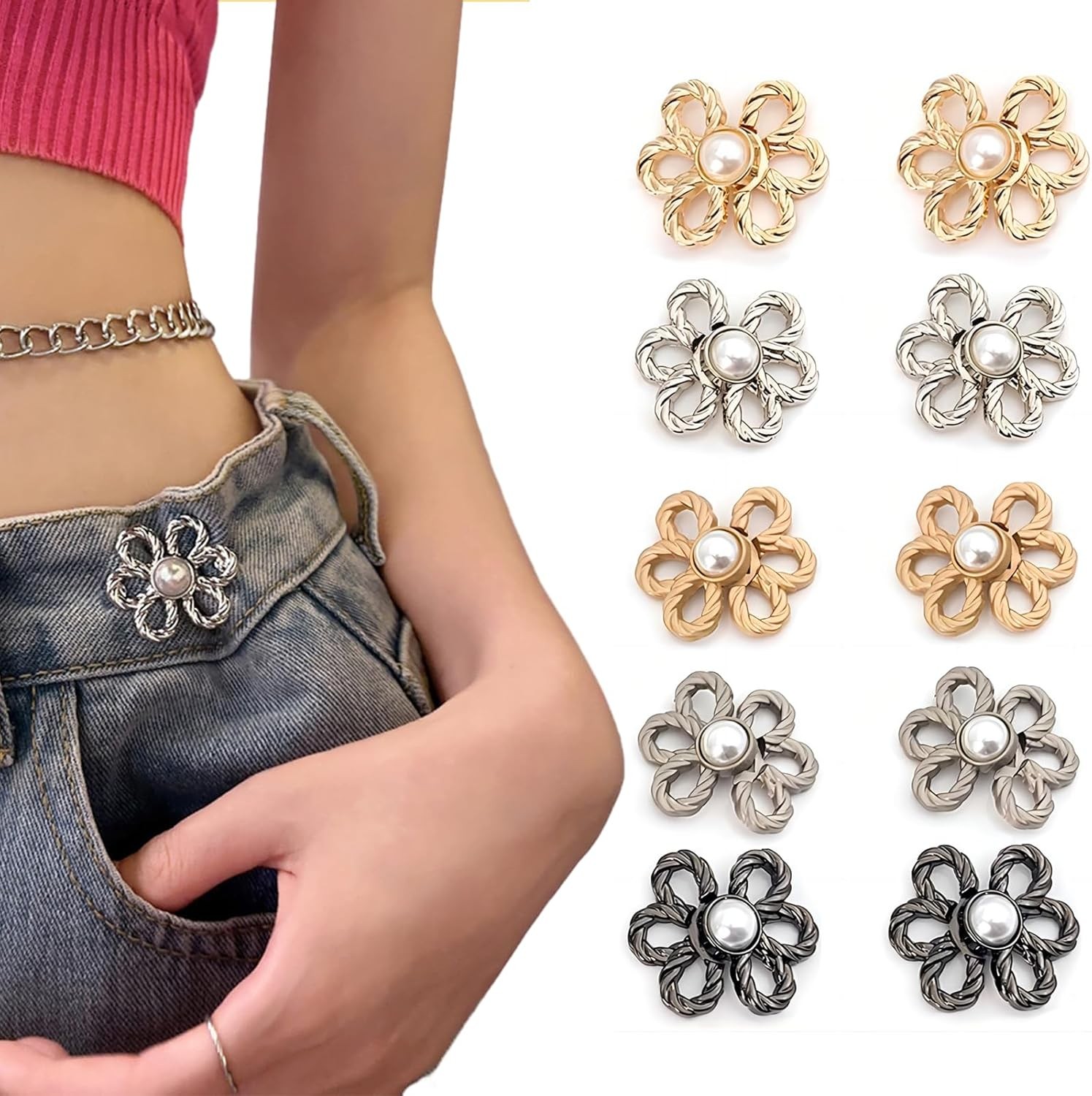 Flower Jeans Button 10 Sets Pant Waist Tightener, Adjustable No Sew