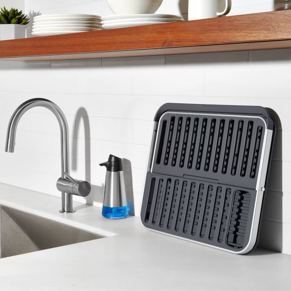 OXO Aluminum Dish Rack Foldable Compact Folding Freestanding Rustproof