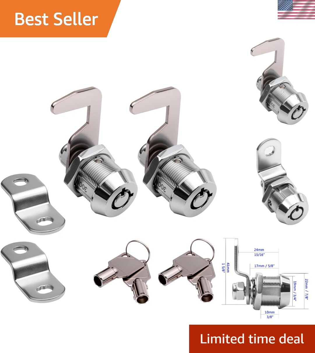 Sturdy Chrome Tubular Cam Lock, 2 Pack - 5/8 Inch Key Lock, Easy Installation