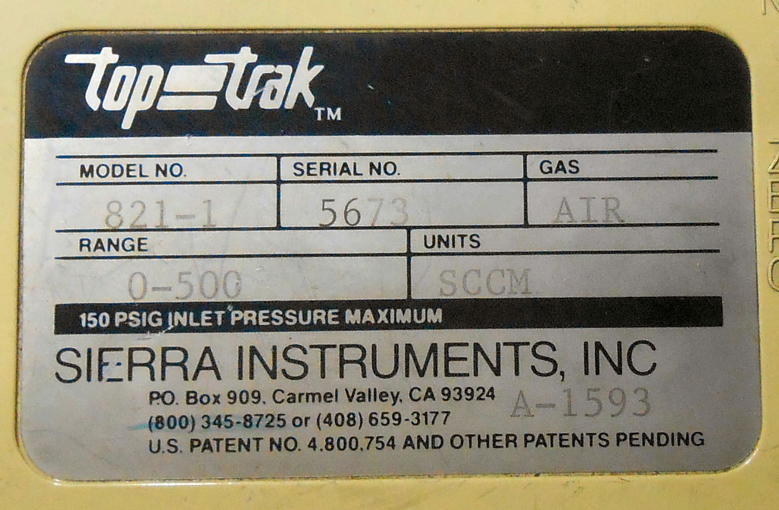 SIERRA INSTRUMENTS TOP-TRAK 821-1 Inline Digital Air Flow Meter