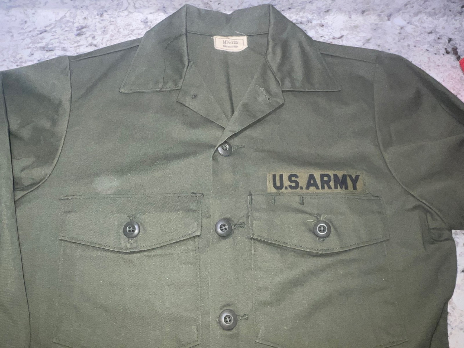 US Army shirt, utility OG 507 original new no tag, 14 1/2 x 33, circa 70-80s