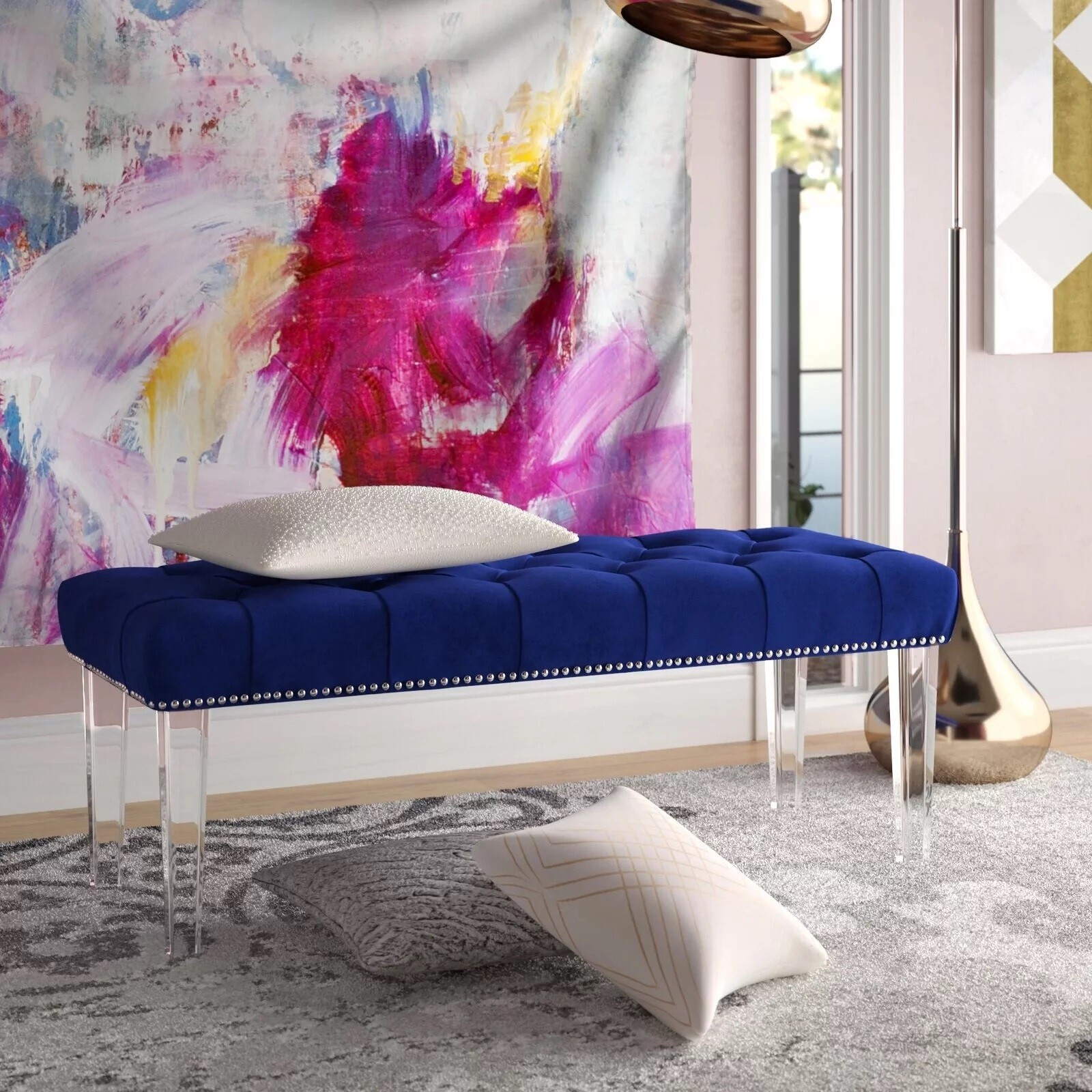Luxurious Bedroom Bench - 48", Velvet Upholstered Accent Bench w/ Acrylic, Blue