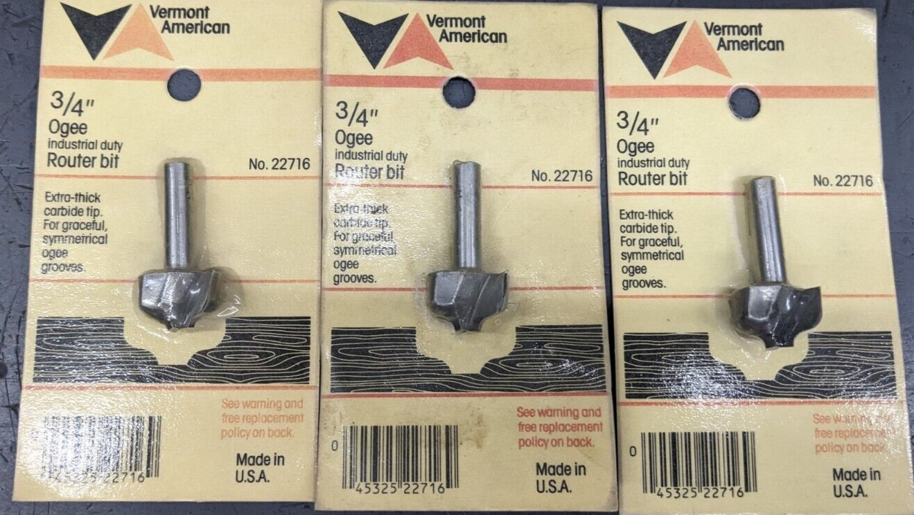 3 Vermont American 3/4" CD Ogee Router Bits HSS 22716 USA  - 7/16 & 9/32