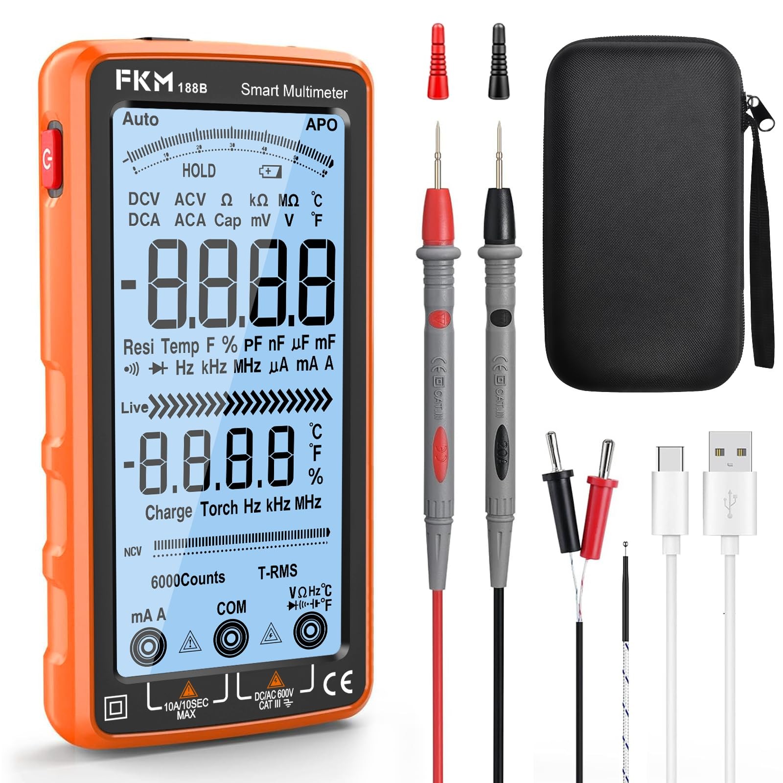 FKM Digital Multimeter Tester Auto-Ranging TRMS 6000 Counts Smart Rechargeabl...