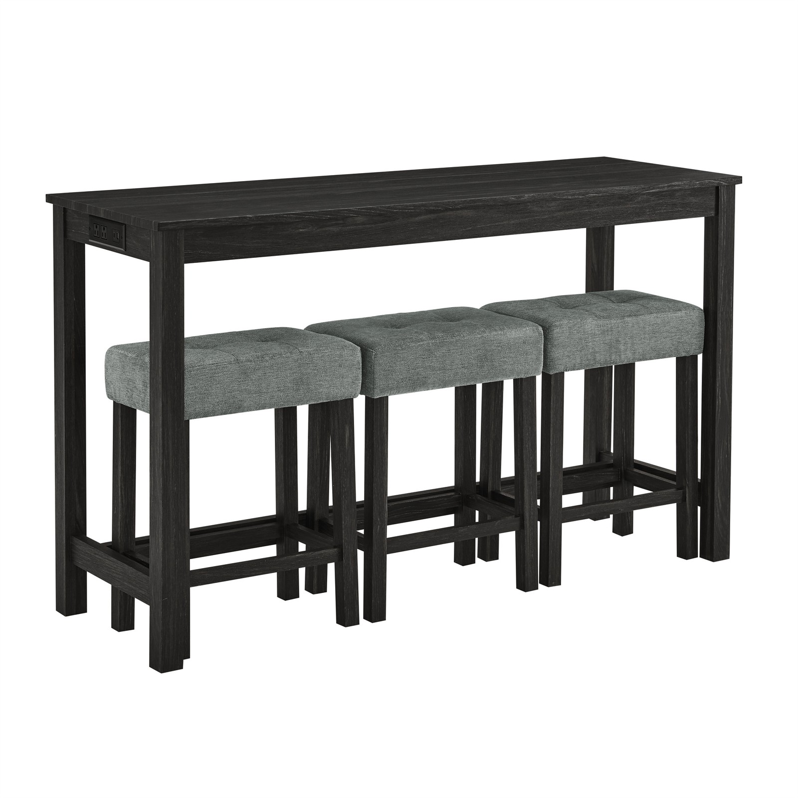 A 4-piece set, a sofa table with power sockets, and 3 upholstered stools