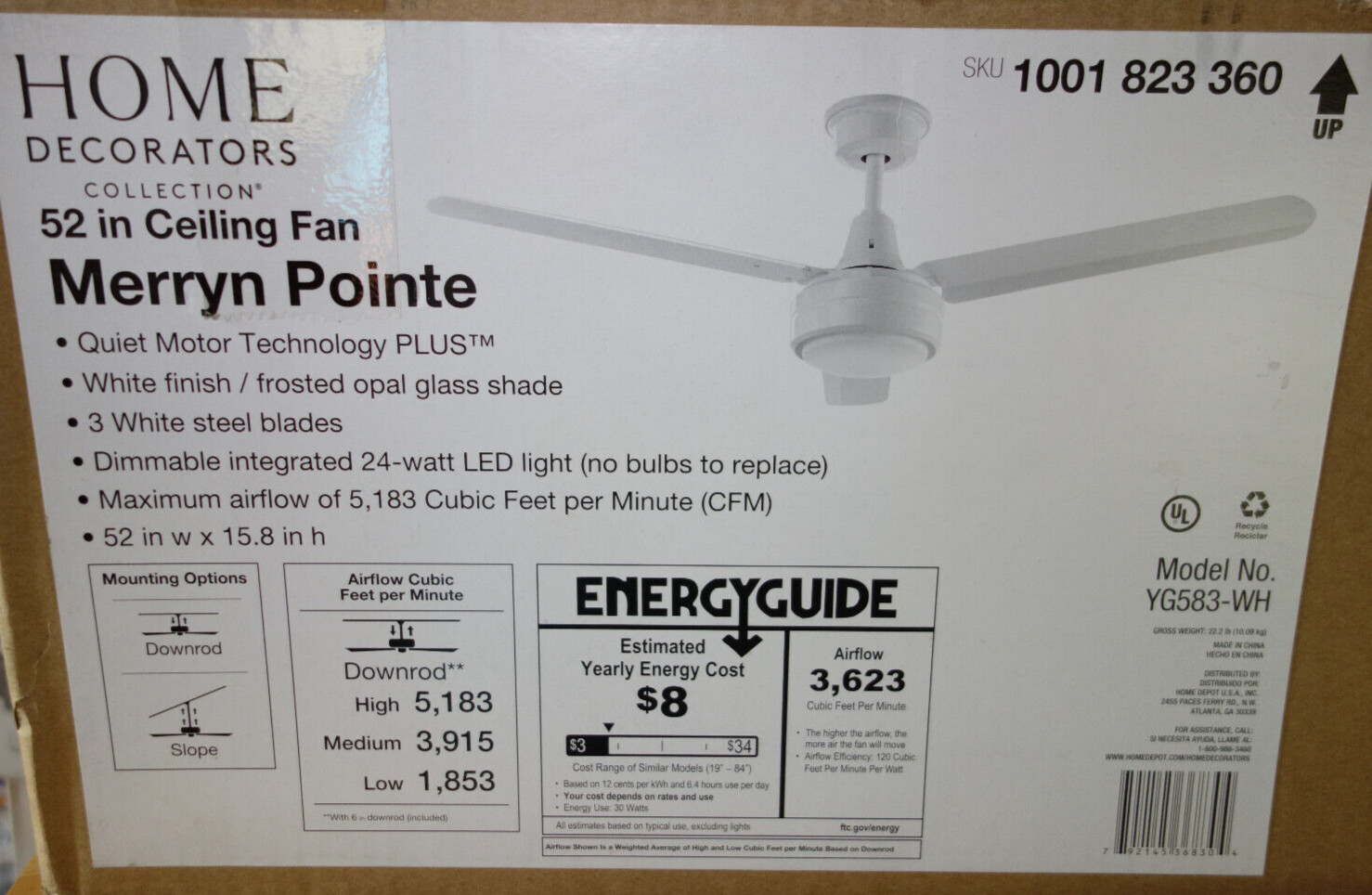 Home Decorators Merryn Pointe 52" inch LED Indoor/Outdoor White Ceiling Fan