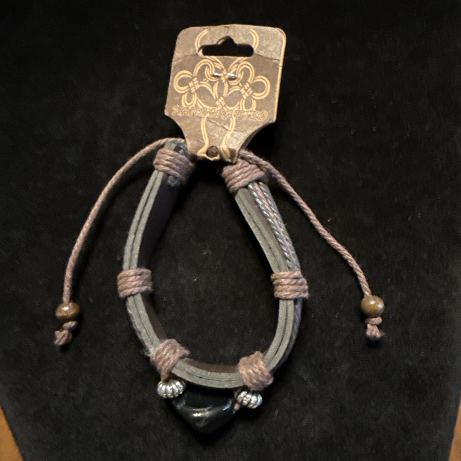 Handcrafted Leather Adjustable Bracelet Pewter Beads Black Stone (Lot# 572)