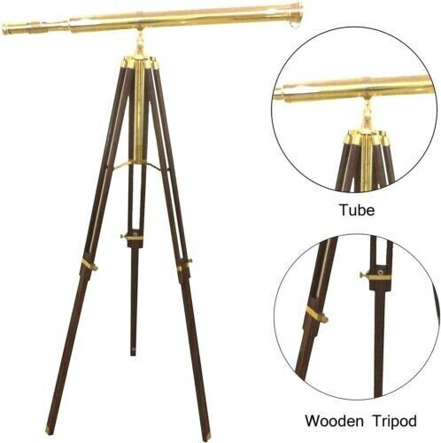 39 Inch Telescope With Wooden Tripod Stand Antique Golden Floor Standing Brass