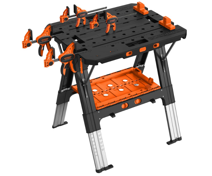 Mesa de Trabajo Plegable 2 en 1 con Caballetes, Abrazaderas y Topes. Nuevo