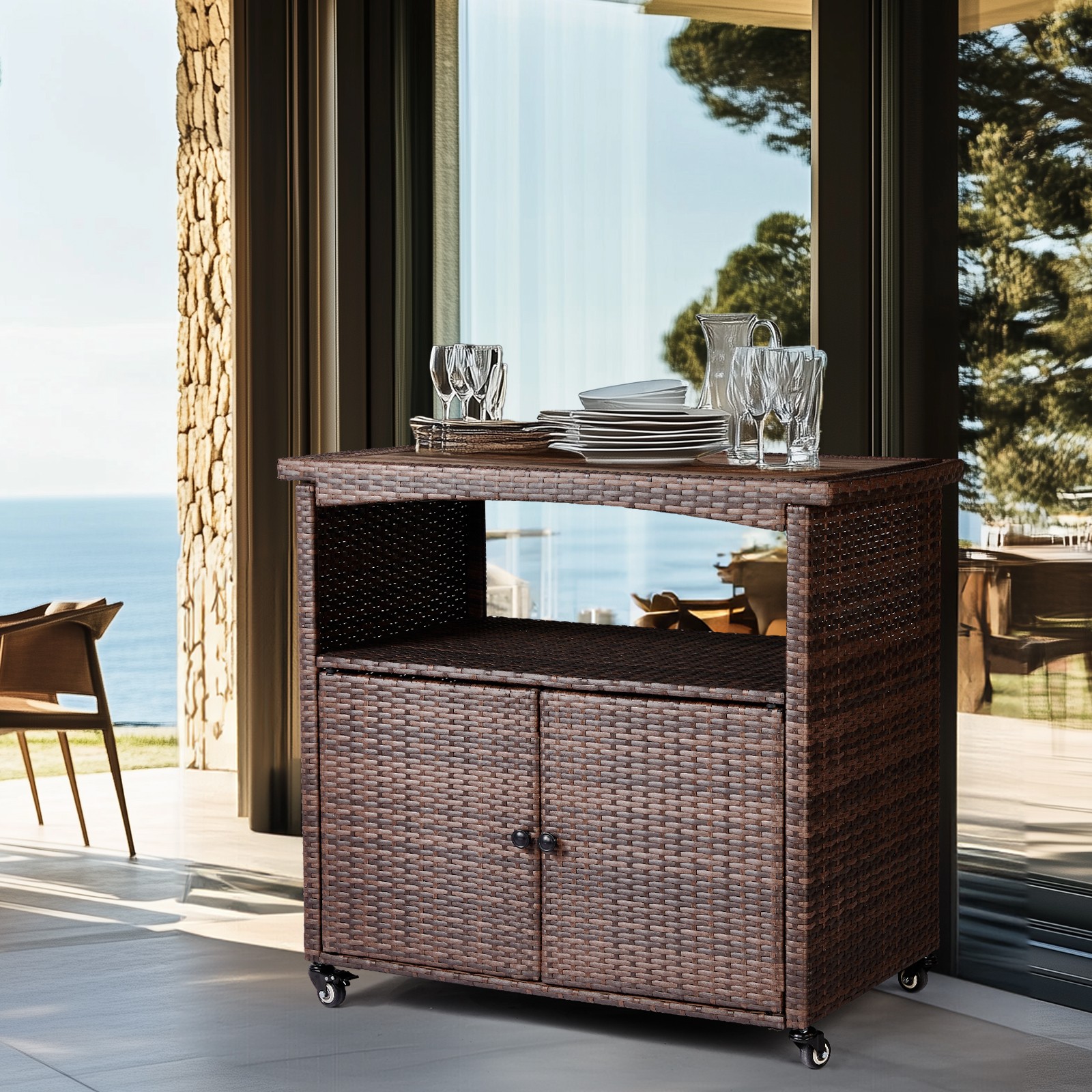 Outdoor 35in Bar Cart with Handles Storage Shelf Brown Wicker Garden Food Table