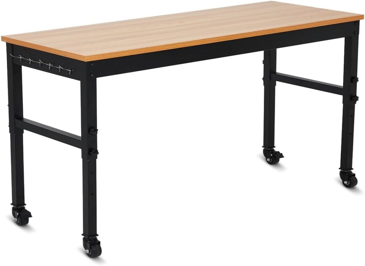 Adjustable Garage Workbench 48/60in Rubberwood Top w/ USB Type-C Power Station