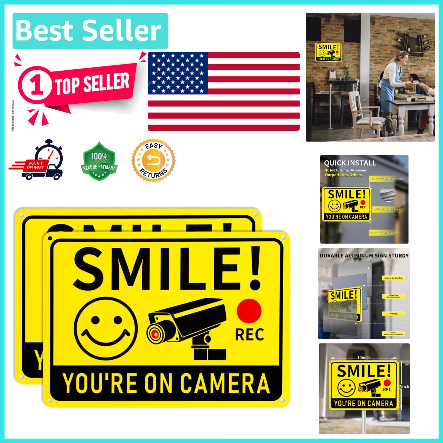 Durable & Reflective 2-Pack Smile You’re On Camera Signs - For Secure Properties