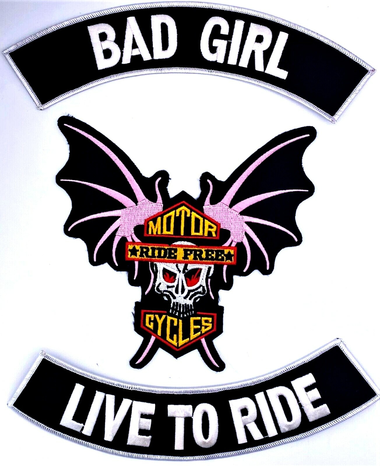 BAD GIRL LIVE TO RIDE BAT WINGS MOTORCYCLE 10" ROCKERS VEST 3 PATCH SET