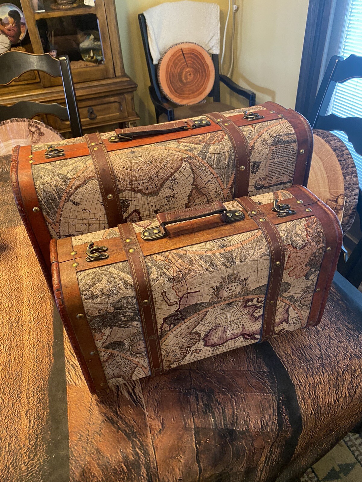 Vintage Wood Suitcases Luggage Travel Display Trunk Chest Gift Box Home Decor